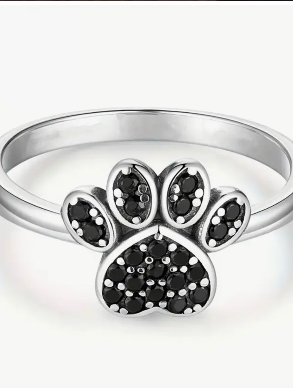 Paw Print Silver Ring with Black Stones Size 6